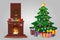 Cartoon christmas set of decorated burning fireplace and fir tree with presents clip art
