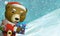 Cartoon christmas winter scene with animals sliding skiing on hill illustration