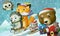 Cartoon christmas winter scene with animals sliding skiing on hill illustration