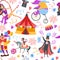 Cartoon circus show seamless pattern. Funny performers with trained animals. Gymnasts and equilibrists. Magicians with