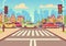 Cartoon city crossroads with cars in traffic jam, sidewalk, crosswalk and urban landscape vector illustration