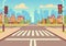 Cartoon city crossroads with traffic lights, sidewalk, crosswalk and urban landscape. Empty roads for car traffic vector