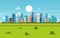 Cartoon city landscape on summer day - modern flat cityscape banner