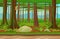 Cartoon classic forest woods landscape with trees, grass and stones. Mountains hills on the background. Landscape for