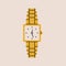 Cartoon classic gold wrist watch. Female wristwatch with metal bracelet, flat expensive time accessory golden jewelry