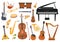 Cartoon classical music instruments, piano, trombone and harp. Folk orchestra equipment, tambourine, pipes, ukulele and