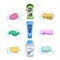 Cartoon clean bath set. Shampoo and liquid soap with dispenser, soap and colorful spoonges. Trendy stylized vector icon