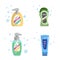 Cartoon clean liquids bottles set. Shampoo and liquid soap with dispenser. Trendy stylized vector icon