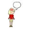 cartoon clever woman shrugging shoulders with speech bubble