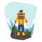 Cartoon climber with trekking sticks in hand and in full gear for a hike in the mountains. The concept of sport and