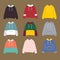 Cartoon clothes, hoodie with various color. sticker set collection for kids, wallpaper, chat, poster, simple vector
