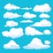 Cartoon clouds. Blue sky aerial cloudscape blue clouds different forms and shapes vector illustrations