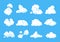 Cartoon clouds. Blue sky panorama heaven atmosphere vintage 2D fluffy white element flat cloudy shape. Vector set