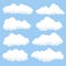 Cartoon clouds isolated on blue sky panorama collection. Cloudscape in blue sky, white cloud illustration