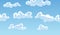 Cartoon clouds landscape light background. Cloudscape in blue sky, white cloud illustration. Blue sky panorama, vector