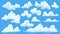 Cartoon clouds set. Abstract white cloudscape icon symbols. Vector cloudy landscape or simplicity nature aerial panorama