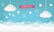 Cartoon cloudscape background with stars. Clouds with satin ribbon and bow.