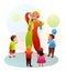 Cartoon clown with colorful hair shows magic trick
