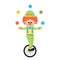 Cartoon clown with hat juggles on the bicycle