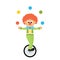 Cartoon clown juggles on the bicycle