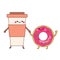 Cartoon coffee cup and donut holding hands. Cute funny food friends characters. kawaii friendly meal