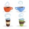 Cartoon coffee mugs or cup set. Collection of trendy design colorful coffee icons. Espresso and take away cups.