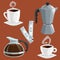 Cartoon coffee objects set. Cup of coffee, italian coffee geiser pot, glass pot with black plastic handle. Vector illustrations