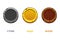 Cartoon coins gold, stone, wooden, round money templates for the game.