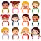 Cartoon collection of little kids portraits holding blank signs. Multi ethnic group of happy children portraits