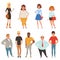 Cartoon collection of young and adult people in different poses. Men and women characters wearing casual clothes. Full