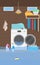 Cartoon Color Bathroom Inside Interior and Washing Machine Concept. Vector