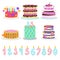 Cartoon Color Birthday Cakes and Elements Icon Set. Vector