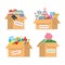 Cartoon Color Cardboard Donation Box Icon Set. Vector