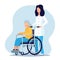 Cartoon Color Character Person Female Nurse and Grandmother sitting in Wheelchair Concept. Vector