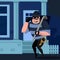 Cartoon Color Character Person Thief Sneaks into The House Concept. Vector