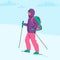 Cartoon Color Character Person Winter Hikes Alone Concept. Vector