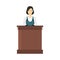 Cartoon Color Character Person Woman with Conference Speech Tribune Concept. Vector