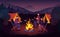 Cartoon Color Characters Group of People and Night Campfire Concept. Vector