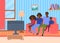 Cartoon Color Characters People Afro American Family Watching Tv Concept. Vector