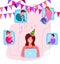 Cartoon Color Characters People Birthday Celebration Online Concept. Vector