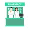 Cartoon Color Characters People Pharmacist and Drugstore Concept. Vector