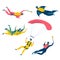 Cartoon Color Characters People Skydiving with Parachute Set. Vector
