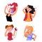 Cartoon Color Characters Person Girls Headphones Set. Vector