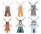 Cartoon Color Different Windmills Icons Set. Vector