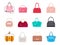 Cartoon Color Different Women Handbags Icons Set. Vector