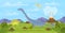 Cartoon Color Dinosaurs and Landscape Scene Concept. Vector