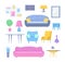 Cartoon Color Furniture and Home Accessories Icon Set. Vector