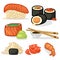 Cartoon Color Japanese Sushi Icons Set. Vector