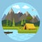 Cartoon Color Landscape Scene with Mountains and River Concept. Vector