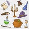 Cartoon Color Magician Tools Wizard Icon Set. Vector